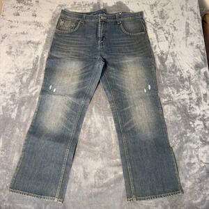 Marc Ecko Cut & Sew Mens Bootcut Jeans Blue Distressed Denim W40 L30 Starched